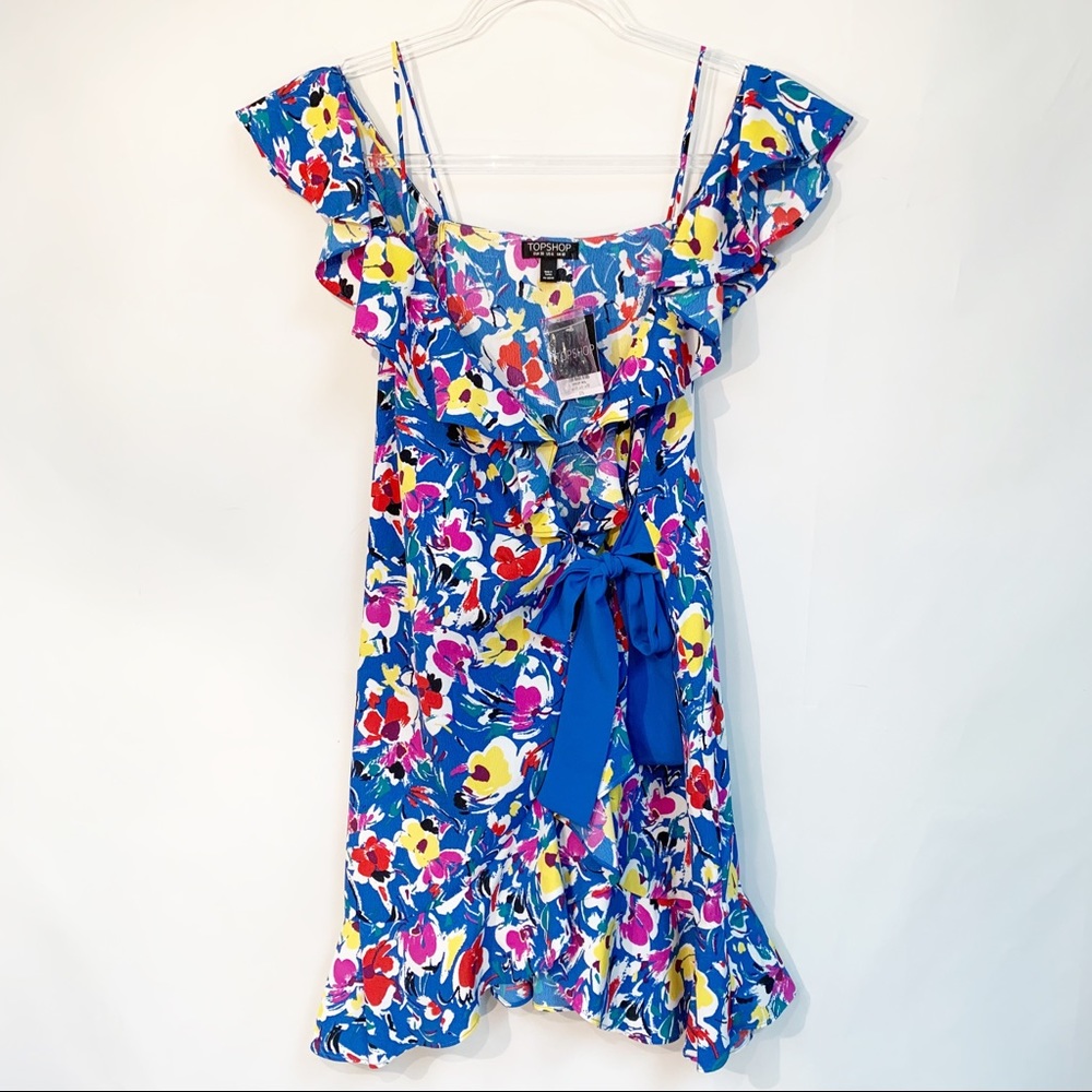 Floral Ruffle Wrap Mini Dress - Blue - Picture 4 of 7